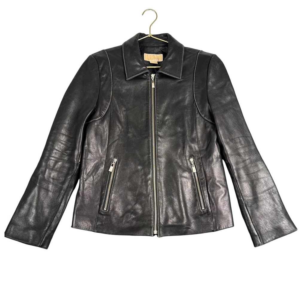 Michael Michael Kors Womens Black Leather Jacket Contrast Stitch Zip Size M 978